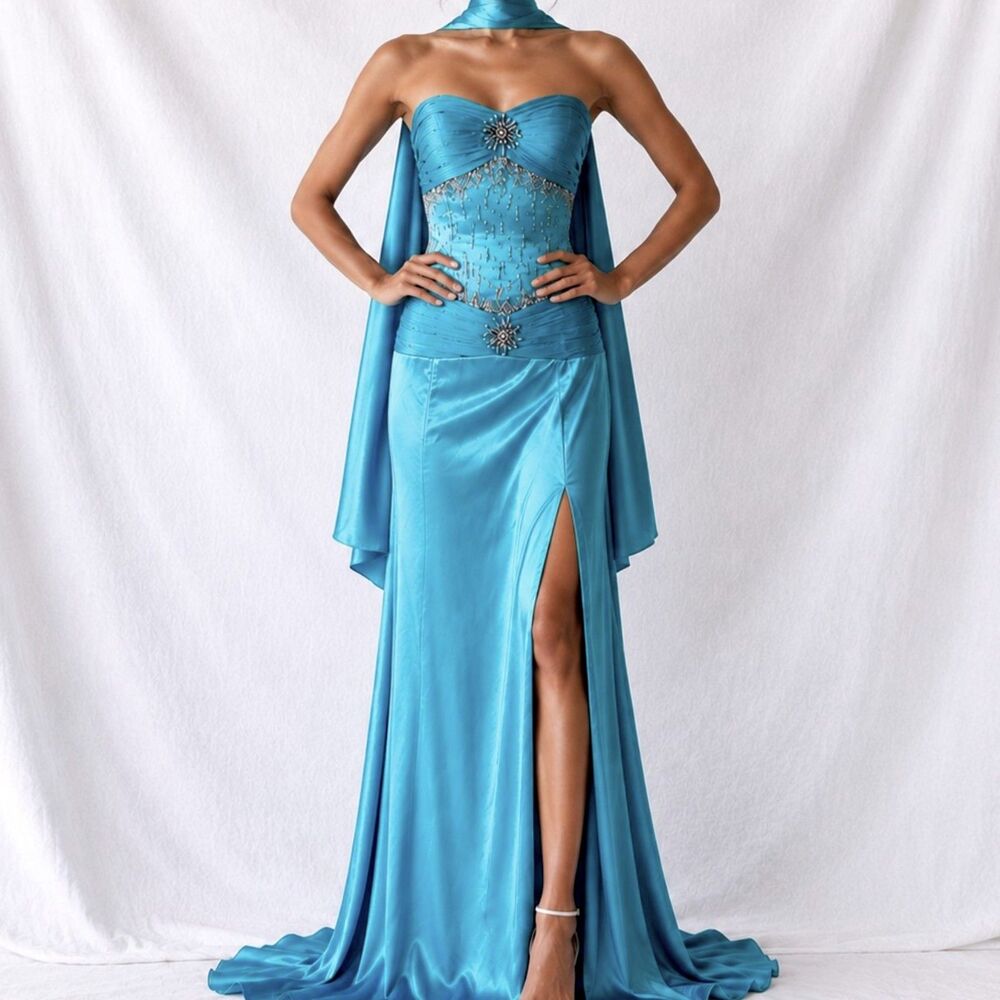 Vintage Y2K Blue Strapless Satin Pleated Flared Maxi Prom Side Slit Dress Size M